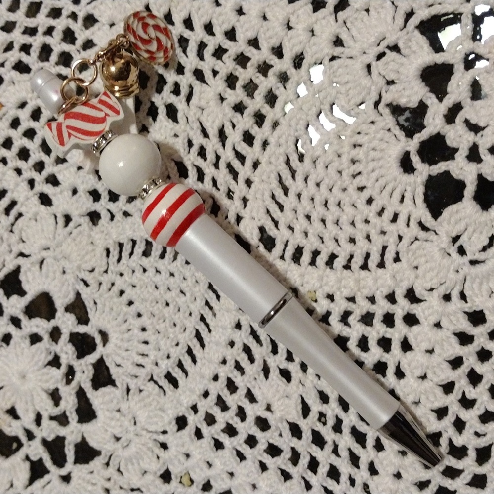 Handcrafted White and Red Striped Pen with Charms